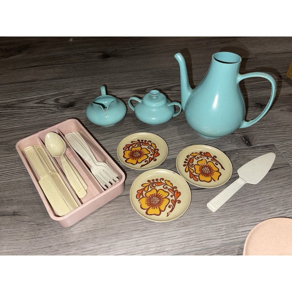 Vintage Miscellaneous Kids Toy Tea Pot Set, Dishes, & Gothamware Utensil‎ Set